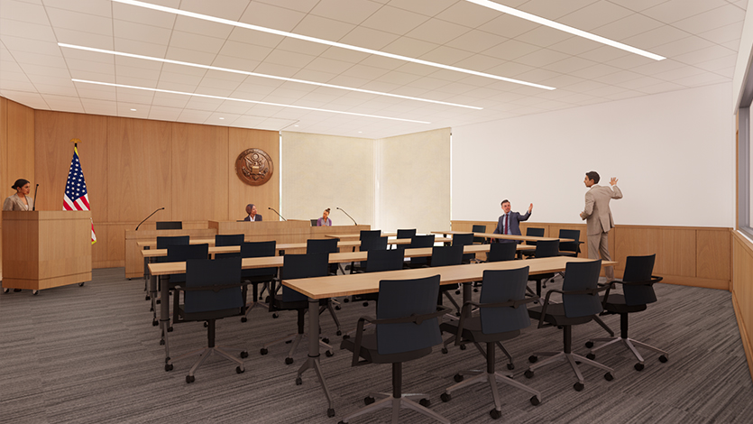 image of: The Mock Courtroom at the new Dyson Center, rendering courtesy of Ann Beha Architects, now Annum Architects