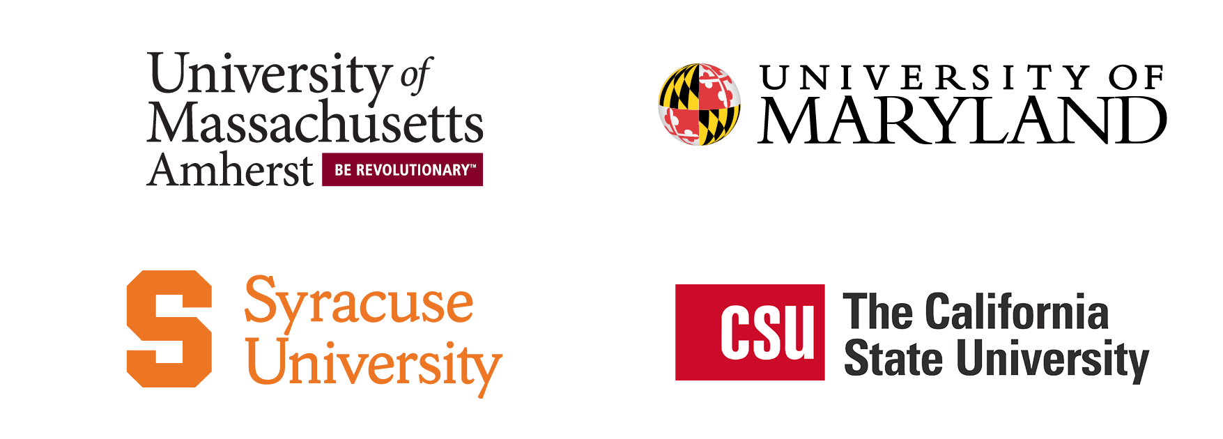 Logos of Doctor of Physical Therapy undergraduate programs: The University of Massachusetts at Amherst, University of Maryland, Syracuse, The California State University