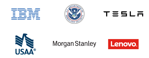 Logos of Cybersecurity internship locations: IBM, Homeland Security, Tesla, USAA, Morgan Stanley, and Lenovo