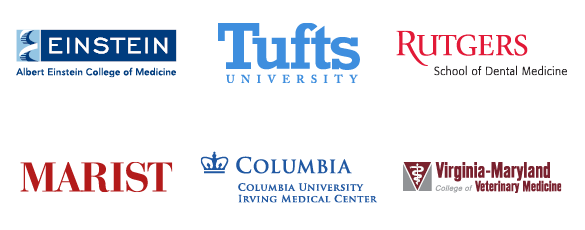 Logos of pre-health post-graduate opportunities: Albert Einstein School of Medicine, Tufts University, Rutgers School of Dental Medicine, Marist College, New York College of Chiropractic Medicine, Virginia Tech School of Veterinary Medicine