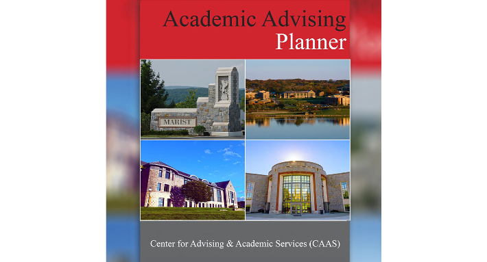 A brochure for Marist College's Academic Advising Planner, featuring campus images and branding to promote student advising resources.