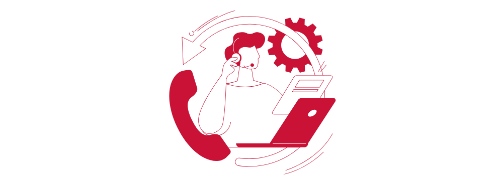 A red color illustration of a customer service representative in action, symbolizing efficient support through a headset, phone, and laptop, within a dynamic, gear-driven cycle.