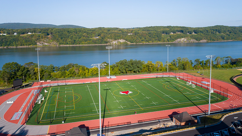 Aerial view of the new track and turf facility at Gartland Commons. Photo by Carlo de Jesus/Marist University.