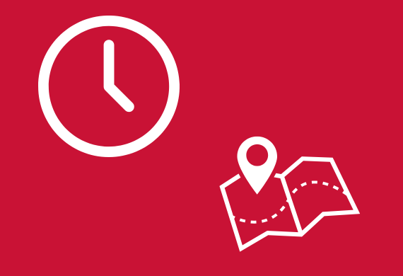 Marist red background with a clock and a map in white indicating location