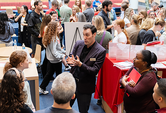 Image of prospective students and their families in the Dyson Center atrium on Sept. 27.