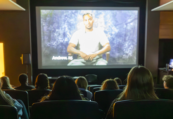 Marist University Image: Marist community members viewing the student-made documentary “Homelessness in Focus: Students for Hudson River Housing.” Photo by Emily Portnov ‘29/Marist University.  