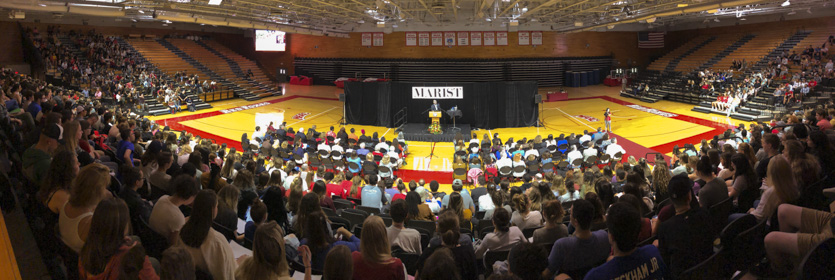 Photo of Jonathan Starr speaking to Marist audience at First-Year Seminar lecture