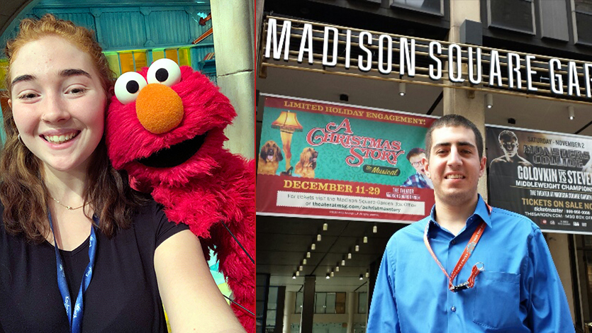 Marist student with Sesame Street puppet Elmo
