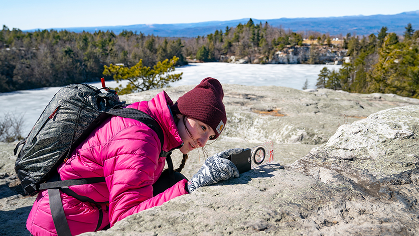 Colleen Bradley '20 collecting geological data at Minnewaska State Park