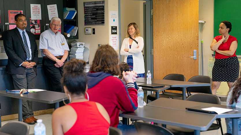 Marist faculty and staff welcome Beacon LEAD Scholars. Standing from left to right: Julio Torres, Edward Sullivan, Mary Kelly, Christina Wright Fields 