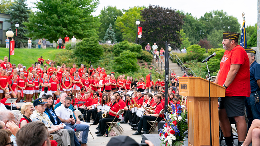 Tommy Zurhellen speaking after return to Marist campus