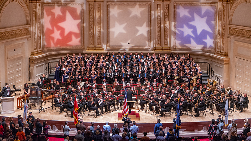 An image of members of the Marist Band and ROTC participated in a Veterans Day concert