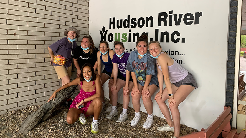 From left to right, Marist students, Kaitlyn Wiehe, Jayna Cherny, Jenna Cottone, Amanda Paulus, Jessica Eggleston, Kate Killiam. Ayana Murphy in front at the Spring 2022 Marist Sweep Out