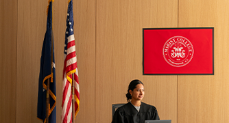Image of Marist University's Mock Courtroom, used for the Pre-Law, Paralegal, and Crime and Justice Studies programs.