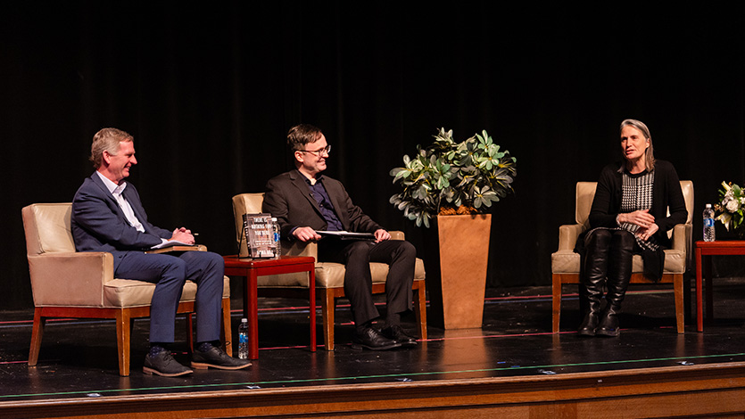 Marist University Image: (From left to right), President Kevin Weinman, Dr. Juris Pupcenoks, and Dr. Fiona Hill in the Nelly Goletti Theatre. Photo by Nelson Echeverria/Marist University.