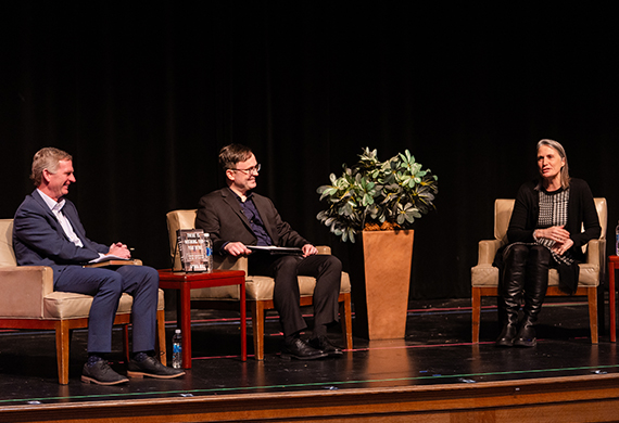 Marist University Image: (From left to right), President Kevin Weinman, Dr. Juris Pupcenoks, and Dr. Fiona Hill in the Nelly Goletti Theatre. Photo by Nelson Echeverria/Marist University.