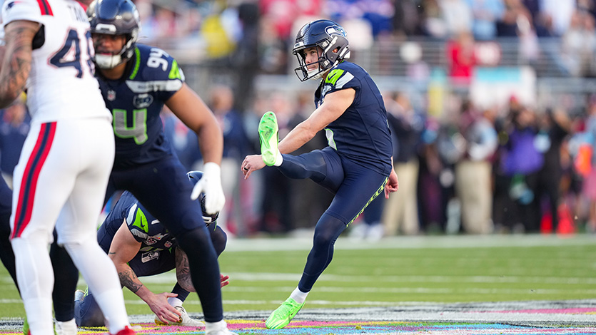 Marist University Image: Seattle Seahawks placekicker Jason Myers ’13 kicks one of his record five field goals in Super Bowl LX. Photo by Todd Rosenberg/Getty Images.
