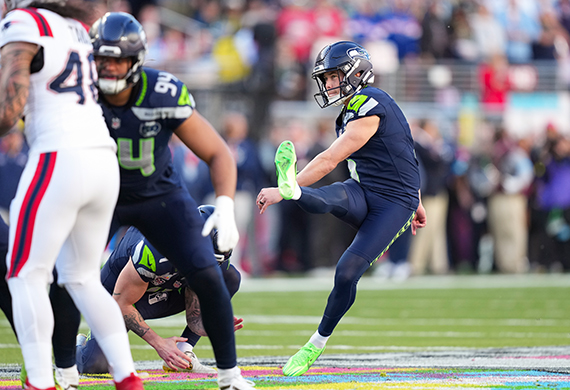 Marist University Image: Seattle Seahawks placekicker Jason Myers ’13 kicks one of his record five field goals in Super Bowl LX. Photo by Todd Rosenberg/Getty Images.