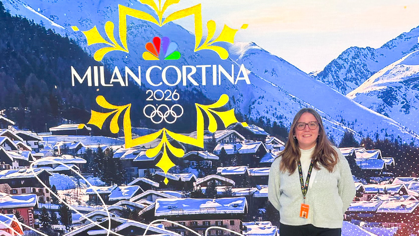 Marist University image: Cara Lacey '27M in the NBC studios in Stamford, Connecticut during the Winter Olympics.