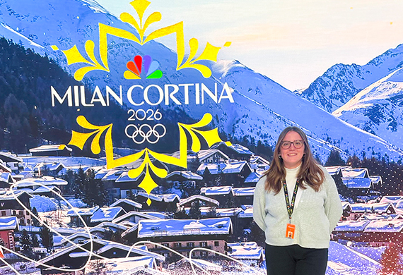 Marist University image: Cara Lacey '27M in the NBC studios in Stamford, Connecticut during the Winter Olympics.
