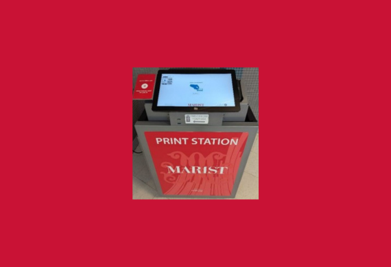 Marist red background with a photo of a WEPA kiosk