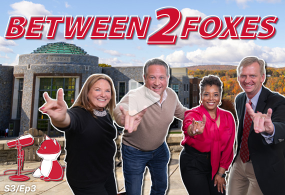 Image of Kevin Weinman with Marist parents with 'Between 2 Foxes' logo and 'play' icon.