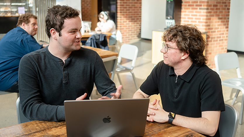 Gavin Gilooly ’26 (left) and Parker Alber (right) meeting in Steel Plant. Photo by Nelson Echeverria/Marist University. 
