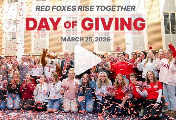 Image of students and Frankie with confetti, with text “Red Foxes Rise Together - Day of Giving - March 25, 2026