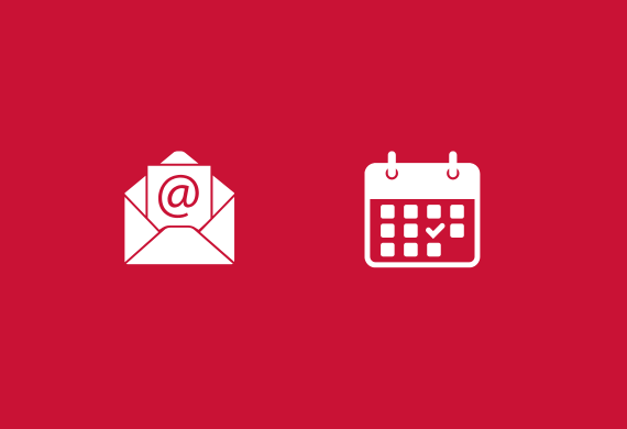 Marist red background with a white open envelope and a paper sticking out with the at sign indicating email and a drawing of a calendar also in white