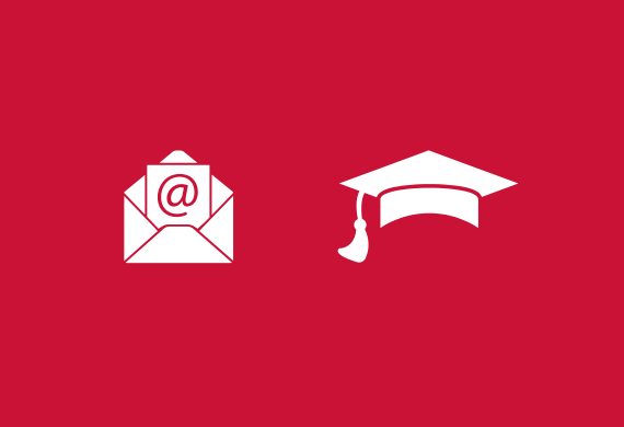 Marist Red background with an envelope and the @ sign in white signifying email in white and a graduation cap in white