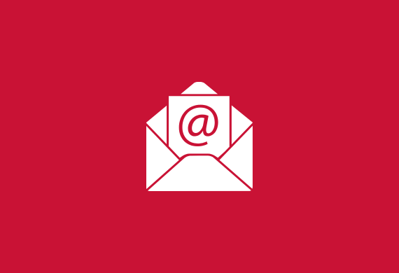 Marist red background with a white open envelope with a paper sticking out with the at sign indicating email