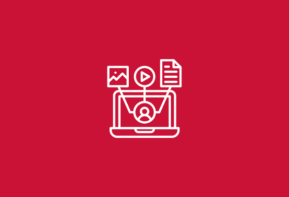 Marist red background with a drawing of a laptop, a chart, a circle with an arrow, and a paper in white