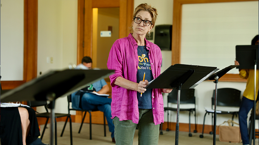 Image of Edie Falco during rehearsals last year at Marist.