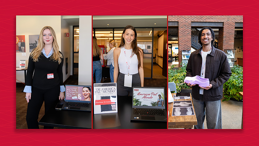 Side-by-side images of Kaitlyn La Du '26, Alanna Roman '28, and Bryce Adams '28 presenting at the SCA Student Showcase.