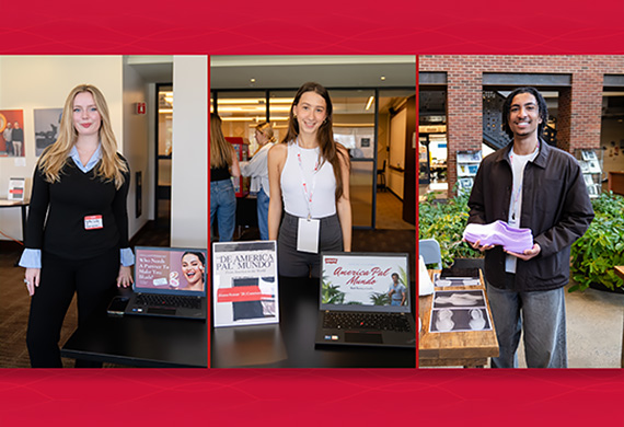 Side-by-side images of Kaitlyn La Du '26, Alanna Roman '28, and Bryce Adams '28 presenting at the SCA Student Showcase.