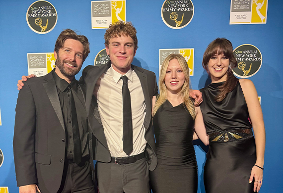 Image of Marist University's Professor Jeffrey Basinger, Emma Gaecklein ’26, Carter McDavitt ’26, and Emma Stuber ’26 at the Emmys.