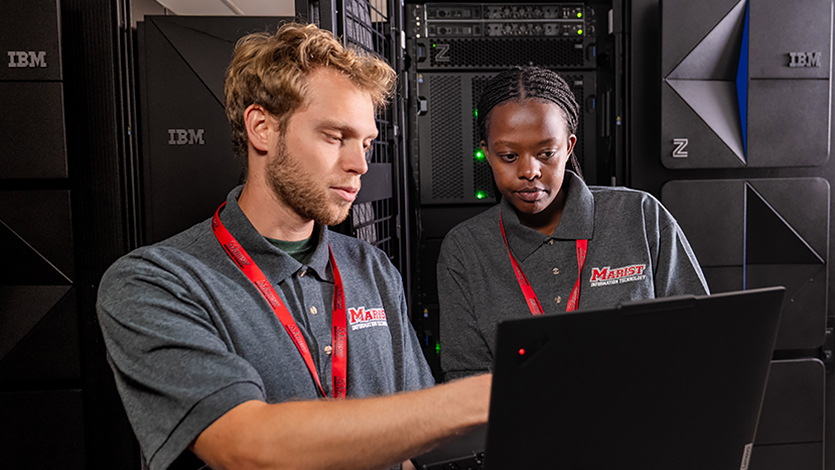 Image of Marist students working with IBM’s z17 mainframe.
