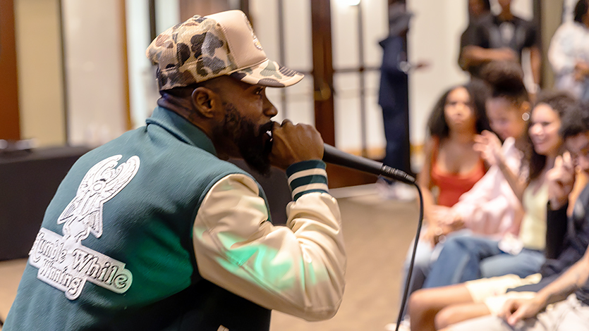 Image of Curtis Luck (D'Luckz) performing at the Next LVL Live open mic and meet and greet event in the Cabaret. Photo by Aiden Colby, Forge Media.