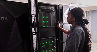 Image of a Marist University student working on the IBM z17 mainframe.