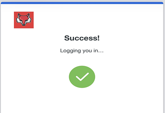A screenshot of the success of signing in with Duo. It has a Marist Red Fox logo with the words Success! Logging you in... followed by a white checkmark on a green circle