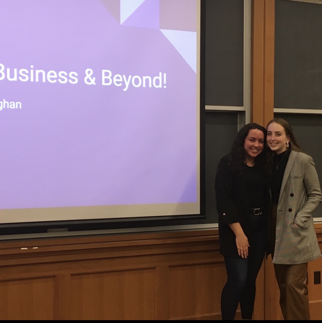 Image of Gabriella Vittoria, '24 and Anna Conaghan, '23 after Ethics Week presentation.