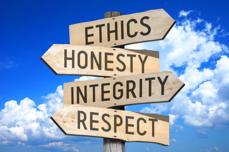 Picture of sign stating Ethics, Honesty, Inegrity, Respect