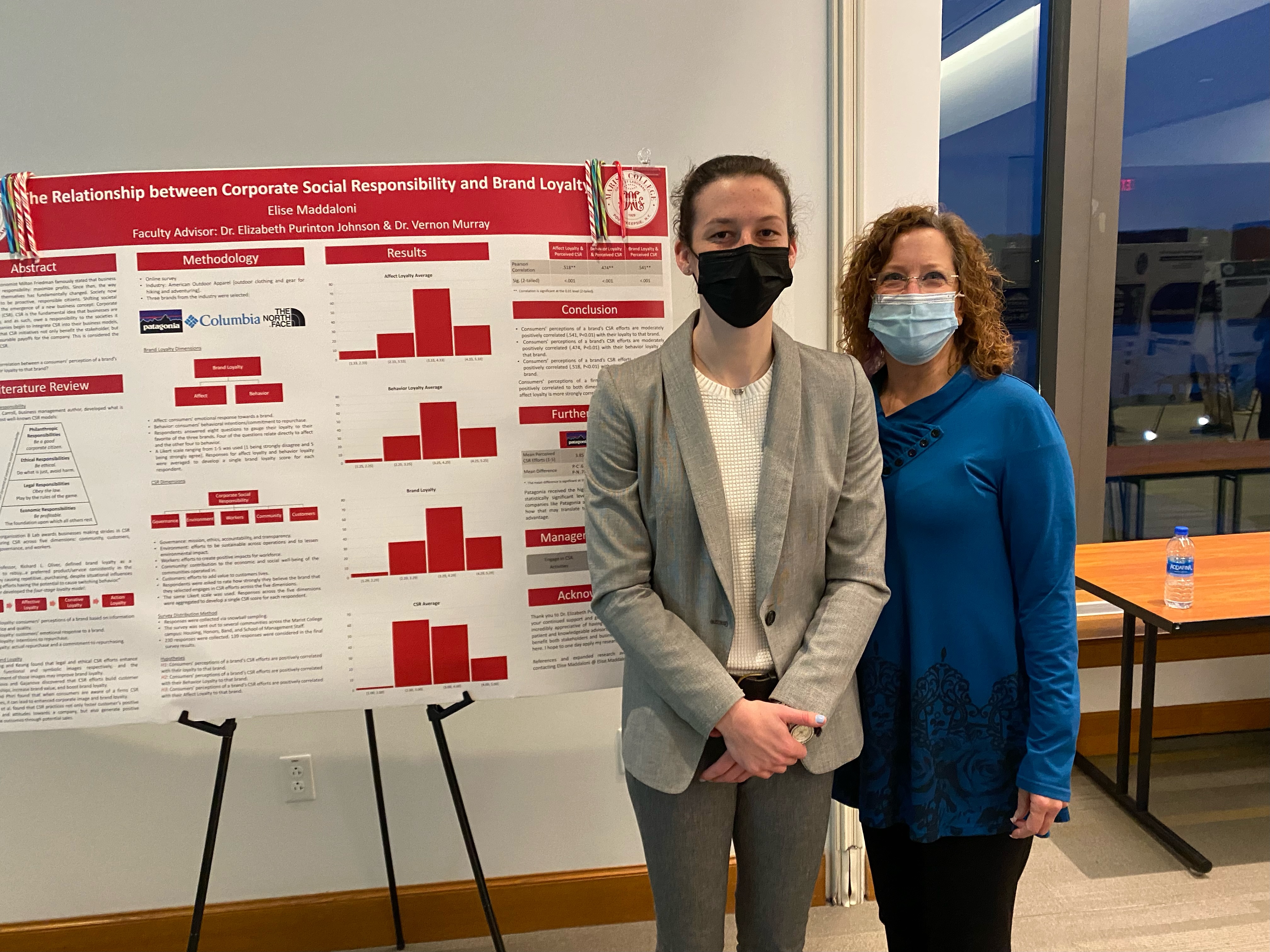 Image of Elise Maddaloni, '22 presenting research with faculty mentor with Elizabeth Purinton-Johnson.