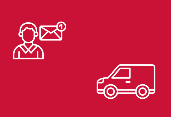 Marist Red Background with a person and an envelope as one icon and a van as another icon