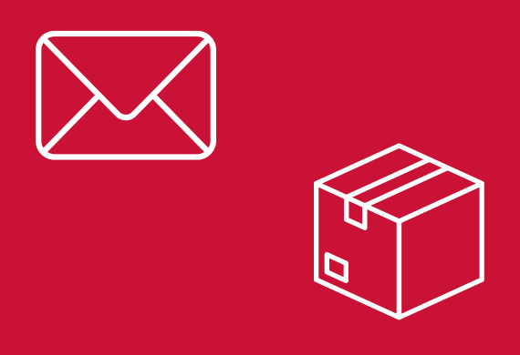 Marist Red Background with an envelope icon and a box package in white icon