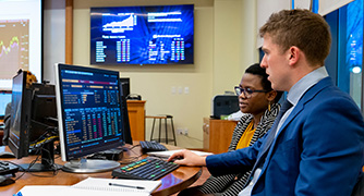 An image of business students in the Investment Center