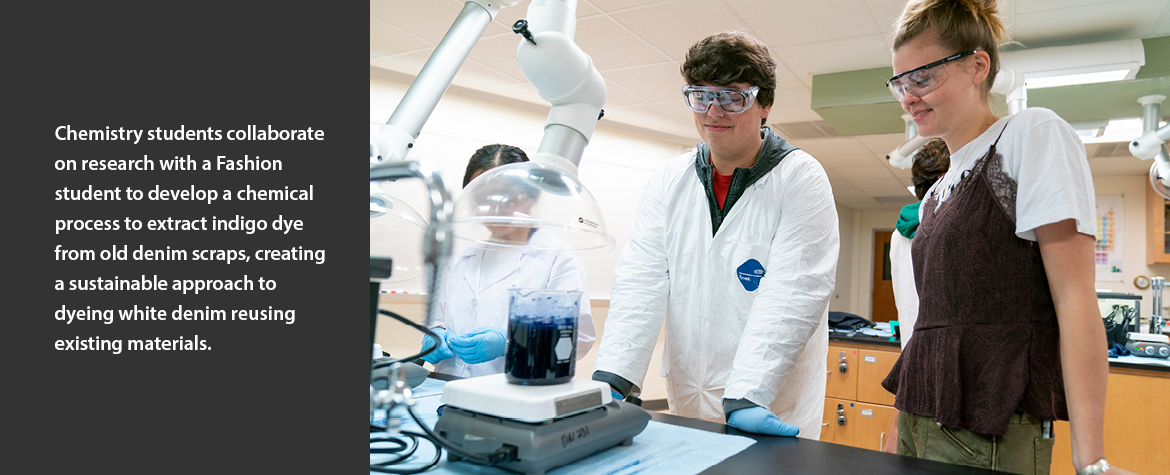  Chemistry students collaborate on research with a Fashion student to develop a chemical process to extract indigo dye from old denim scraps, creating a sustainable approach to dyeing white denim reusing existing materials.