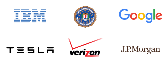 Logos of computer science internship locations: IBM, the FBI, Google, Tesla, Verizon, J.P. Morgan
