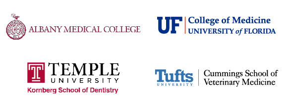 Logos of graduate school locations: Albany Medical College Graduate Program in Immunology, University of Florida College of Medicine, Temple University Dental School, Tufts University School of Veterinary Medicine
