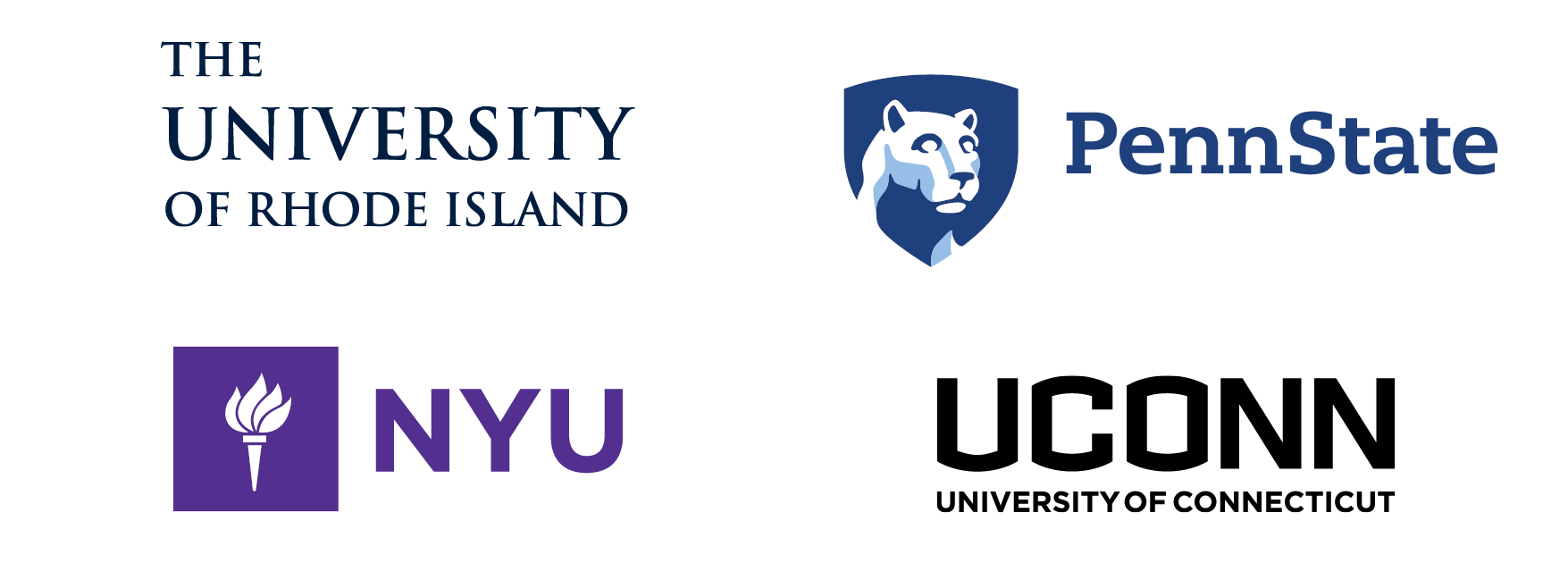 Logos of Doctor of Physical Therapy undergraduate programs: The University of Rhode Island, Penn State, NYU, University of Connecticut